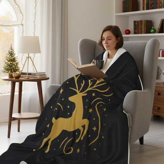 Velvety Luxury: Black Blanket with Gold Reindeer Print (50 x 60 in)