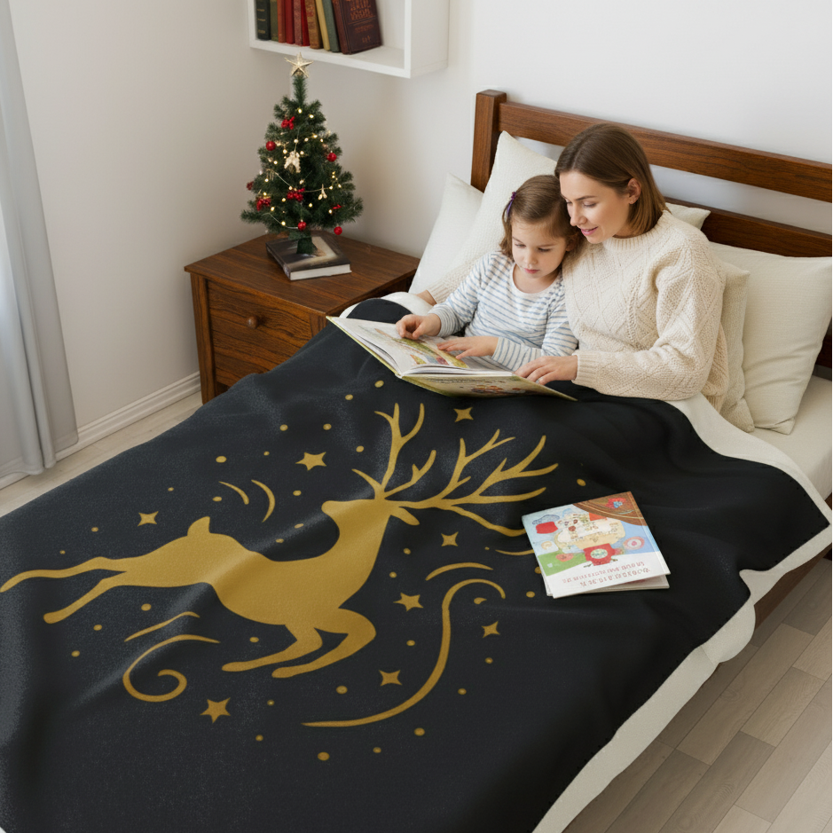 Velvety Luxury: Black Blanket with Gold Reindeer Print (50 x 60 in)