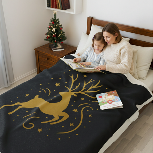 Velvety Luxury: Black Blanket with Gold Reindeer Print (50 x 60 in)